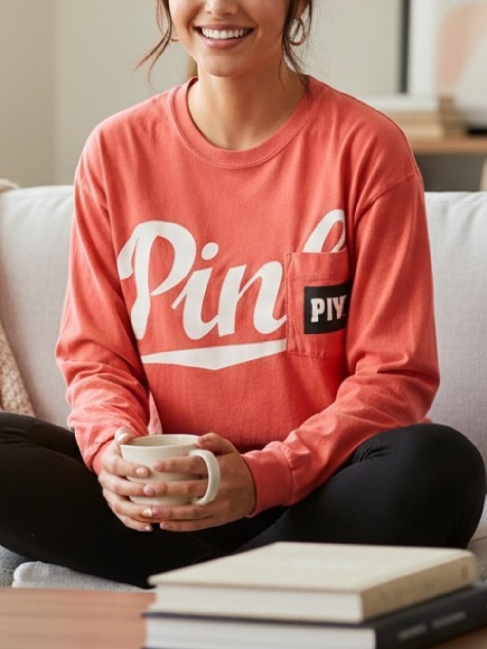 Victoria's Secret PINK Long Sleeve Campus Pocket Tee Orange/Red XS